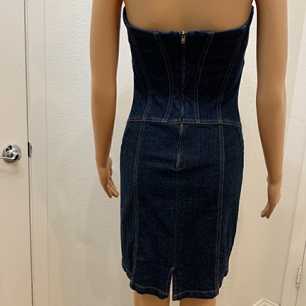 Premise Denim Blue Gold Strapless Pockets Zippered Back Woman’s Dress - Picture 9 of 16